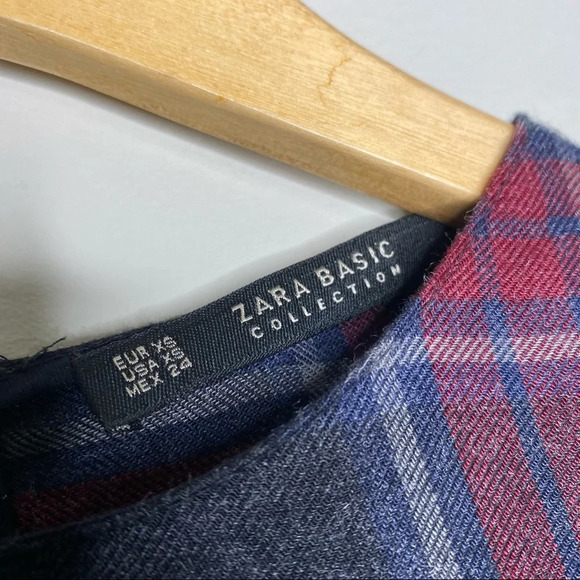 ✨NWT Zara Gray Red Plaid Flannel Long Sleeve Ruffle Trim Blouse Top Size XS - Picture 3 of 11